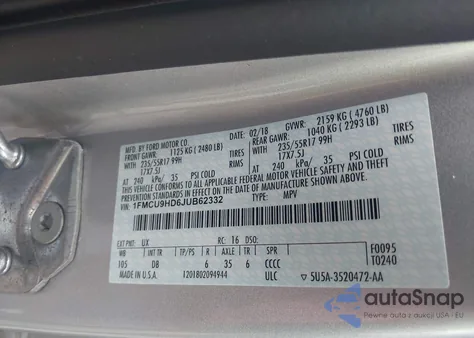 2018 Ford Escape Sel z USA, uszkodzony, nr VIN 1FMCU9HD6JUB62332